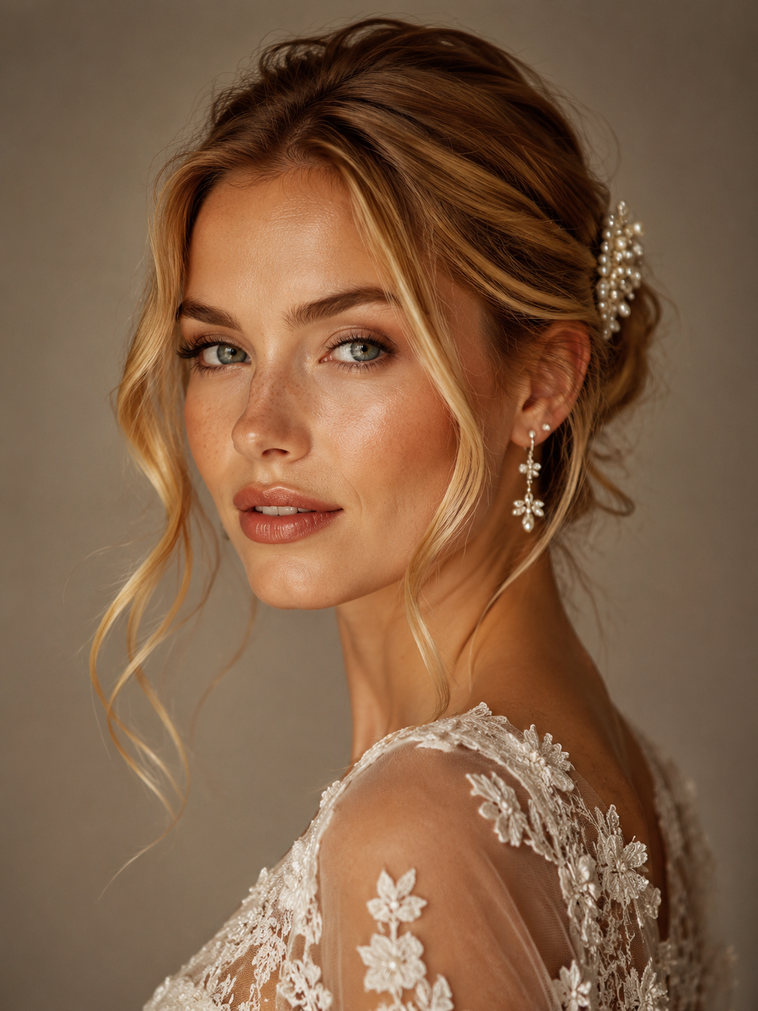 Editorial hair portrait, bridal blonde with copper undertone