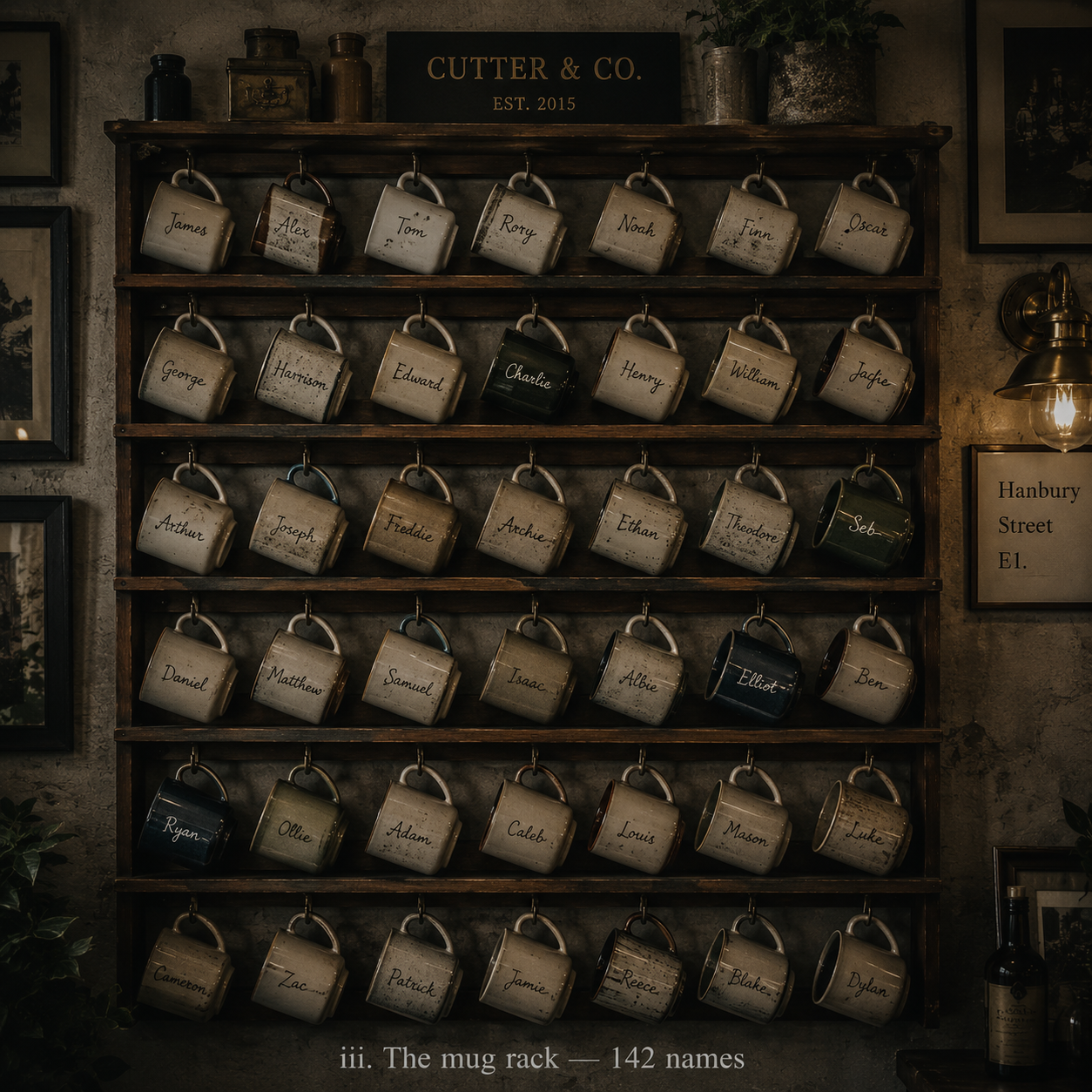 The mug rack holding 142 named mugs for regulars