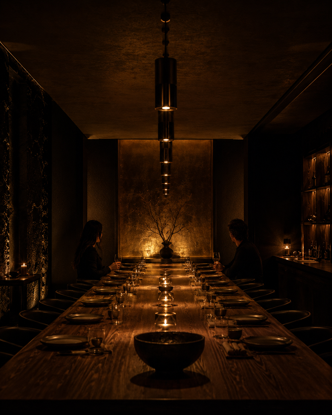 Dining room at service, candlelit pendants