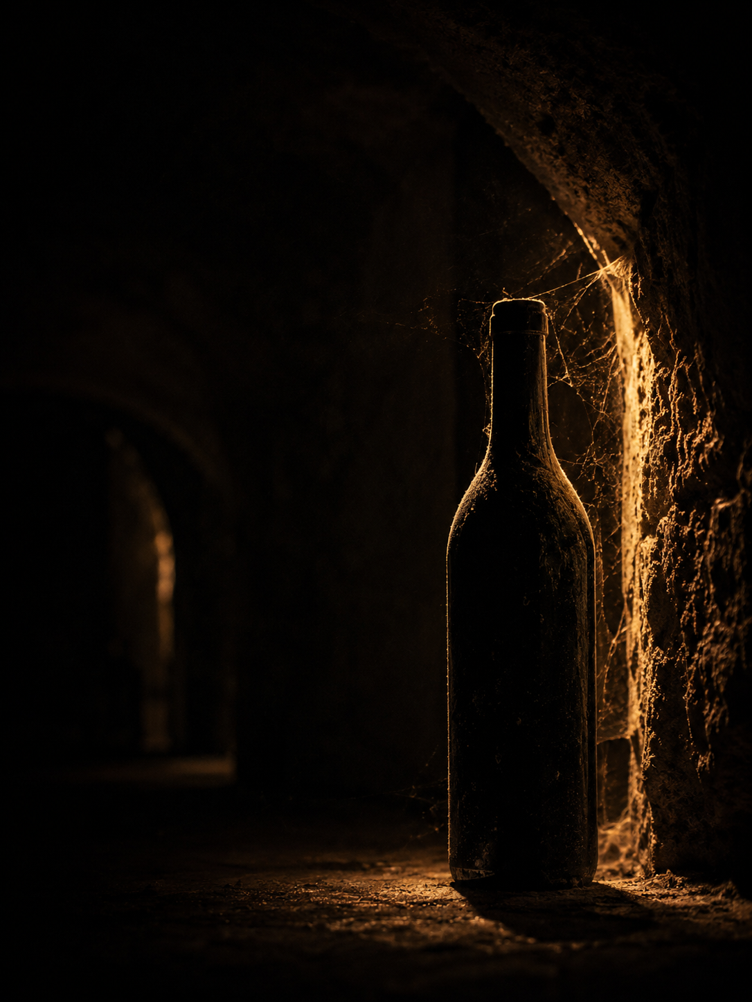 Single house wine bottle against a dim backdrop