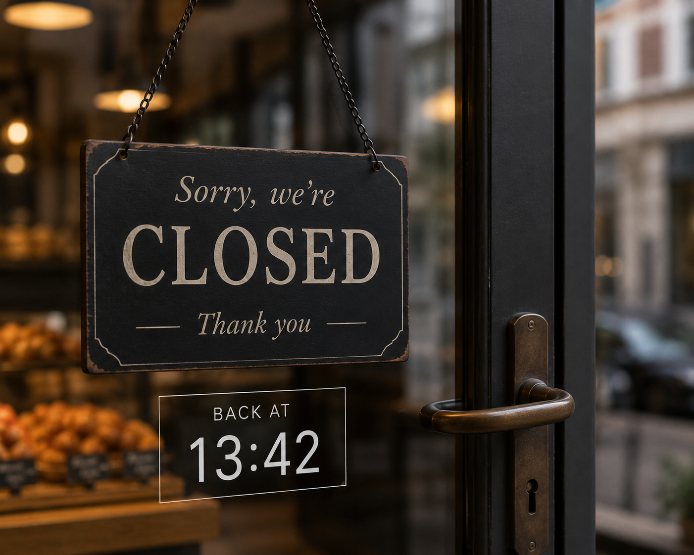 Closed sign in the window at 13:42