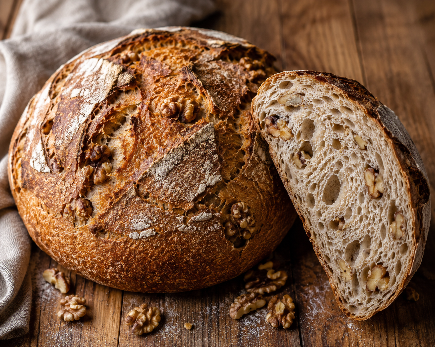 Walnut levain country loaf, visible walnut studs