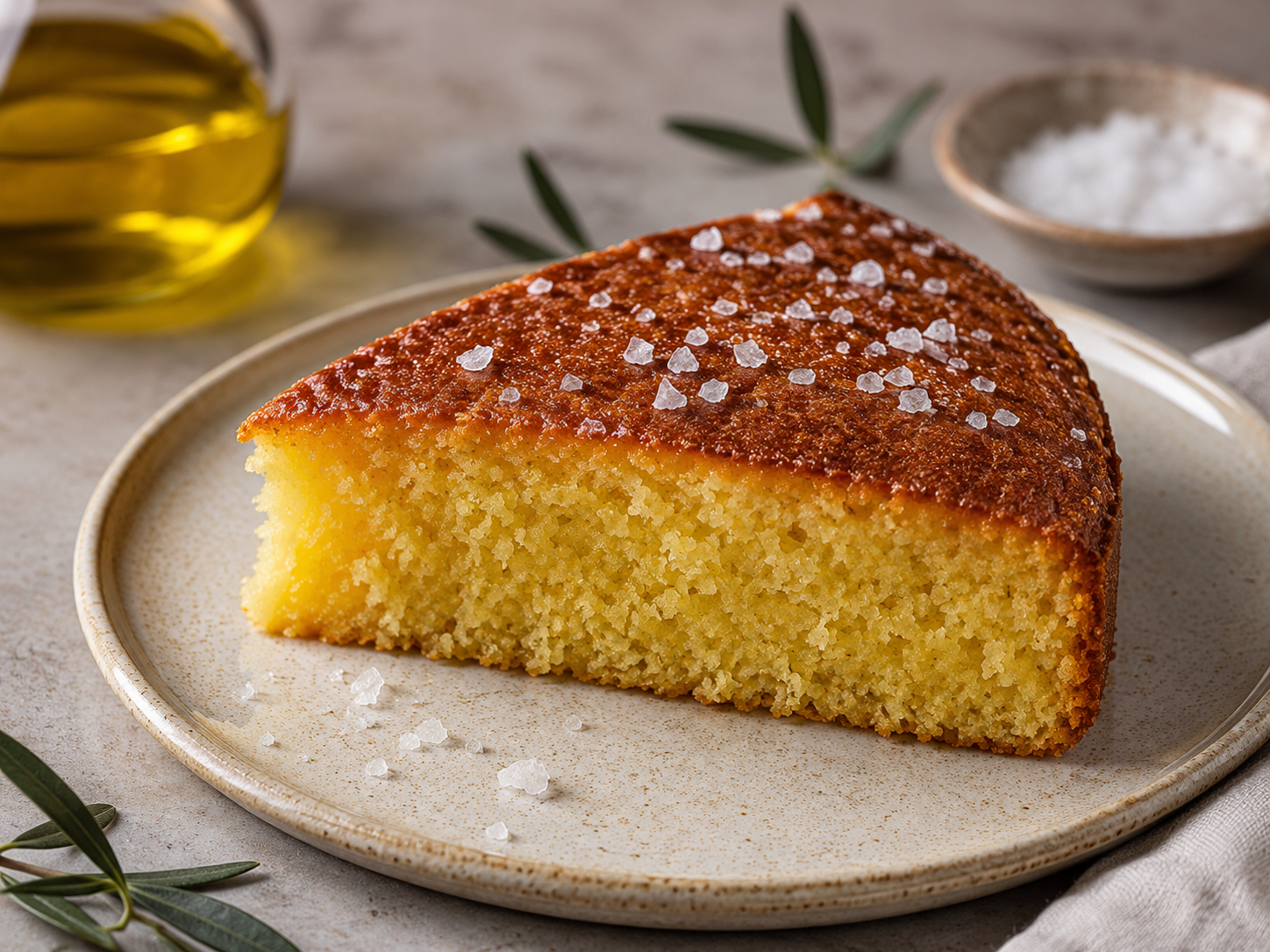 Slice of olive-oil cake with sea salt
