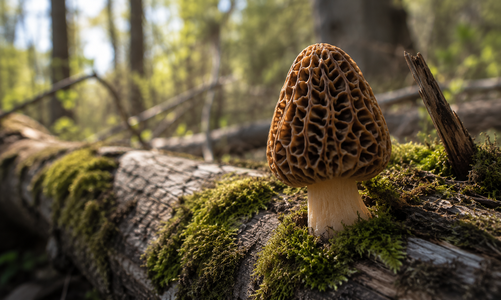 A morel mushroom on moss