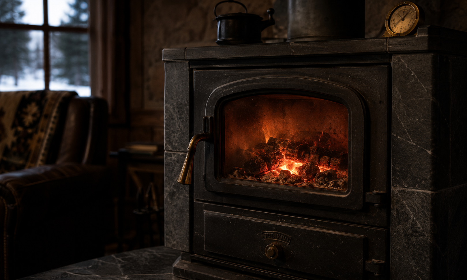 A soapstone wood stove glowing