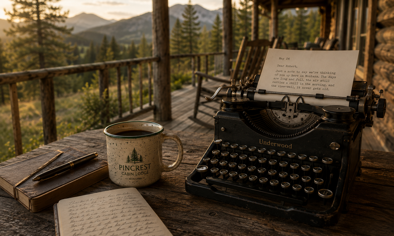 A typewriter on a porch table