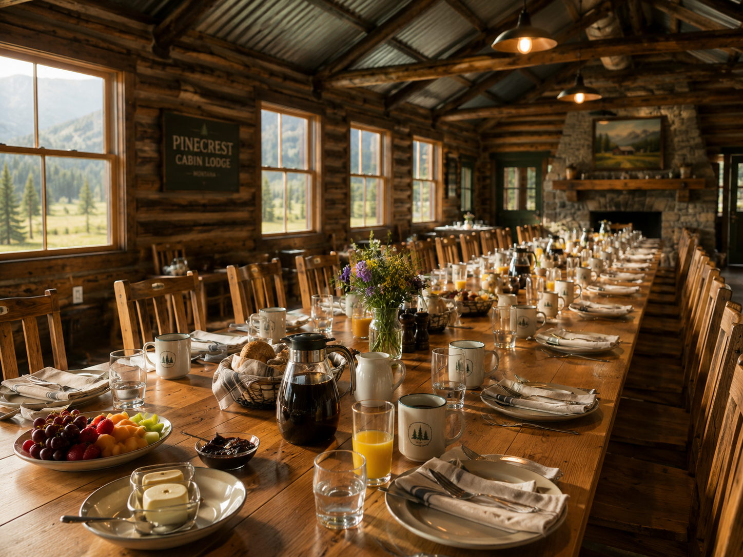 Dining hall at breakfast, long pine table