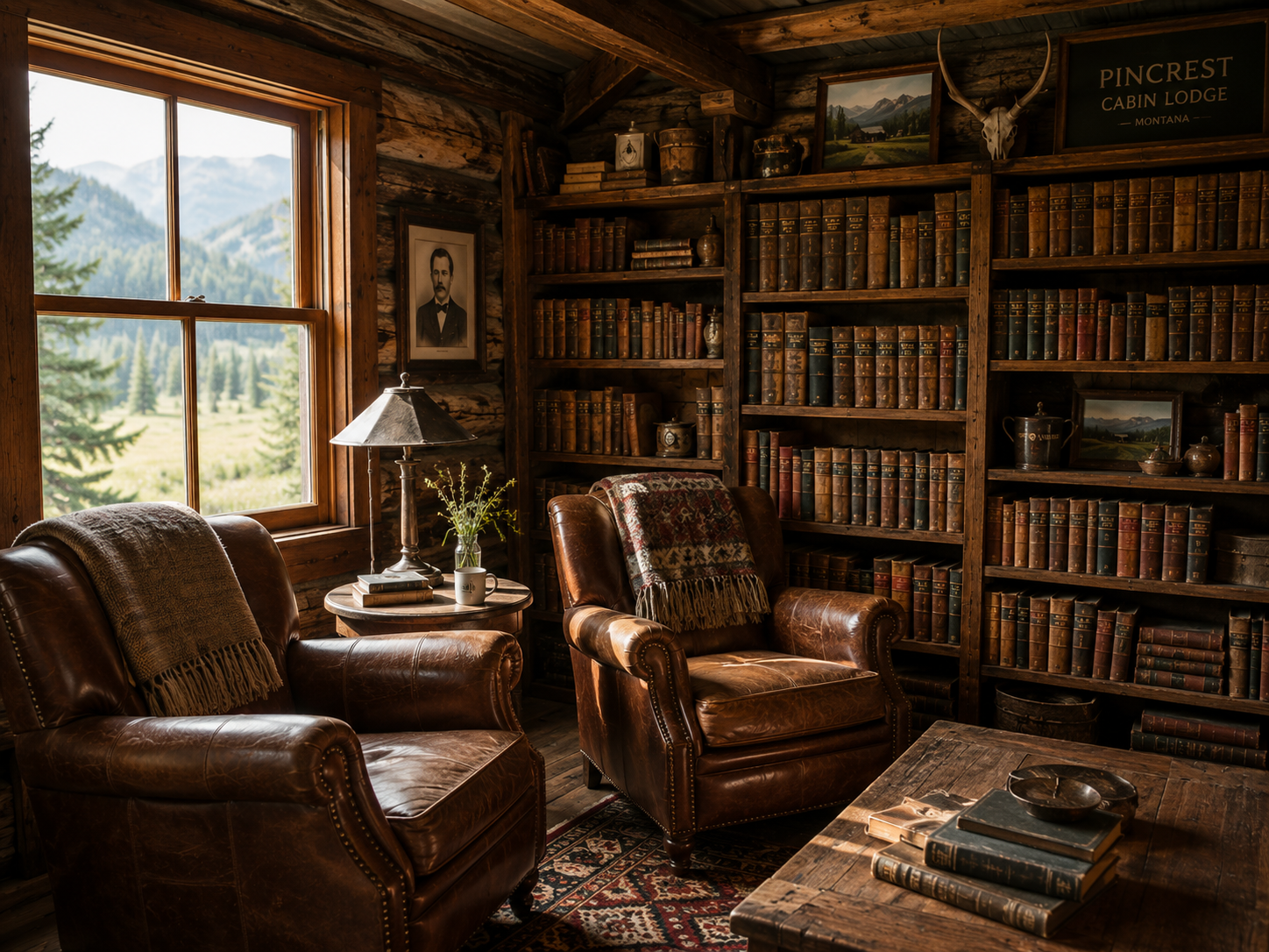 The library, two leather armchairs by a window