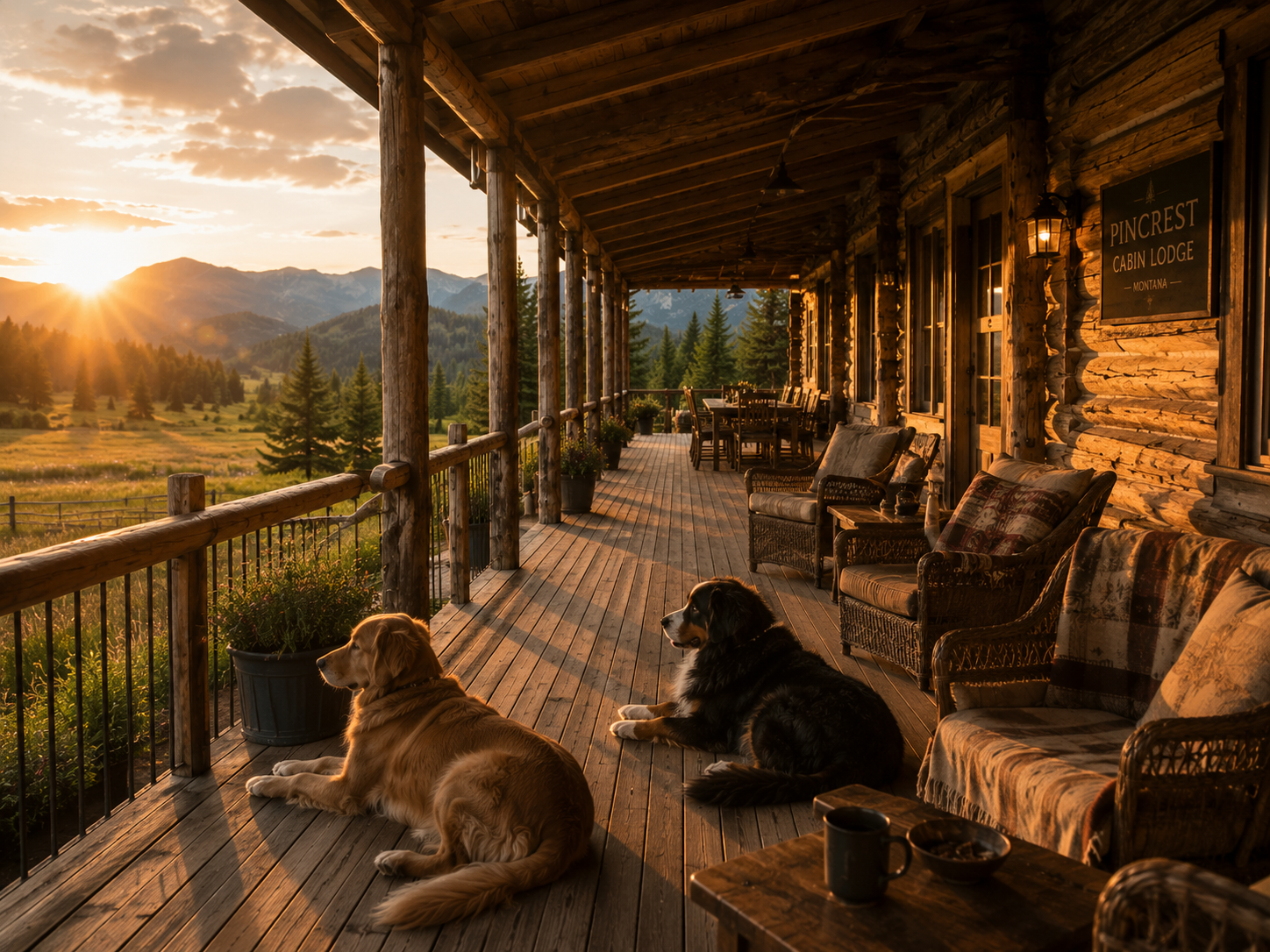 The west porch at golden hour, wicker chairs