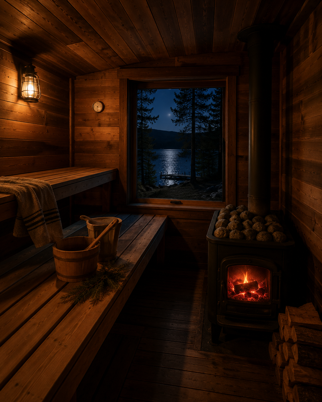 The sauna interior, embers in the wood-fired stove