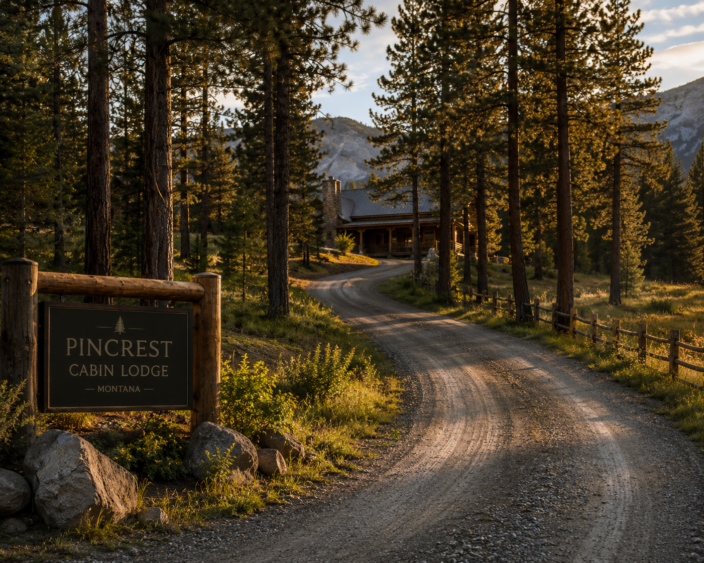 The gravel driveway, last bend before the lodge